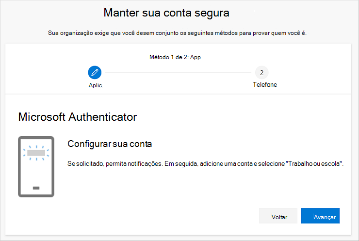 Assistente Mantenha sua conta segura, mostrando a configuração do autenticado de sua página de conta