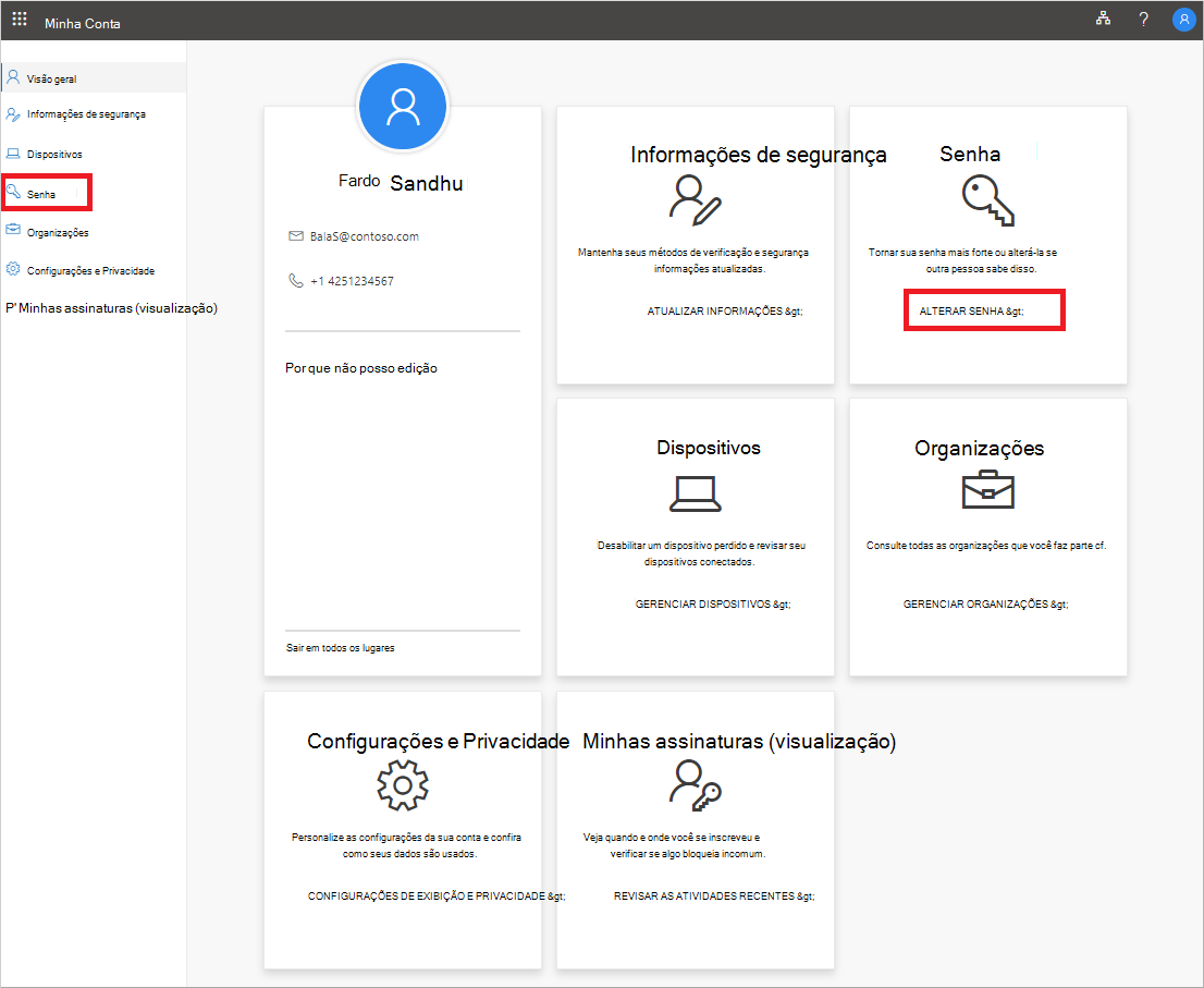 Página Minha conta com o link Alterar senha em destaque