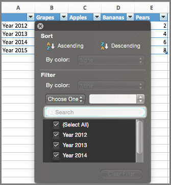 Excel for Mac filter for chart