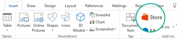 Use the Store button on the Insert tab of the Office ribbon to install Office add-ins