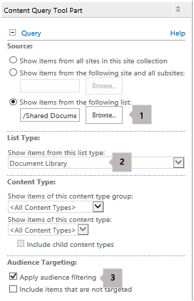 Content Query Web Part properties list with three callouts