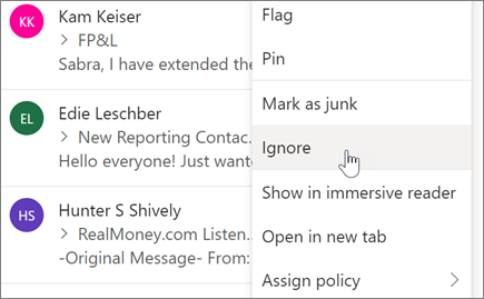 Ignore an email conversation in Outlook on the web