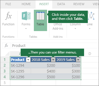 Insert tab, Table button, Filter menus