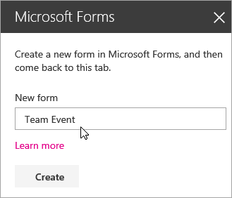 Microsoft Forms web part panel for a new form.