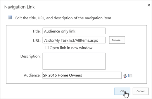 Navigation link properties with OK highlighted.