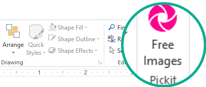 After you install the Pickit Free Image add-in, it appears at the far right end on Home tab of the Ribbon.