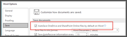 The File > Options > Save dialog showing the checkbox to enable or disable autosave