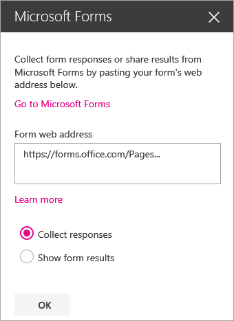 Microsoft Forms web part panel for an existing form.