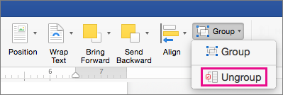 To dissolve a grouping, click Ungroup on the Shape Format tab or the Picture Format tab.