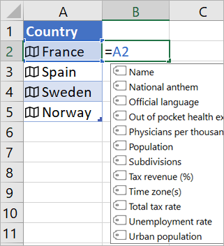 Cell A2 contains "France"; Cell B2 contains =A2. and formula autocomplete menu appears with fields from linked record