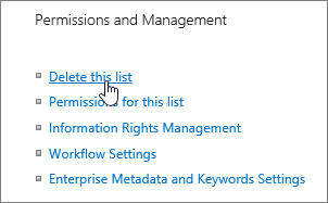 List settings dialog with Delete this list highlighted