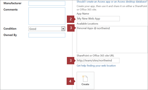 New Access web app creation screen