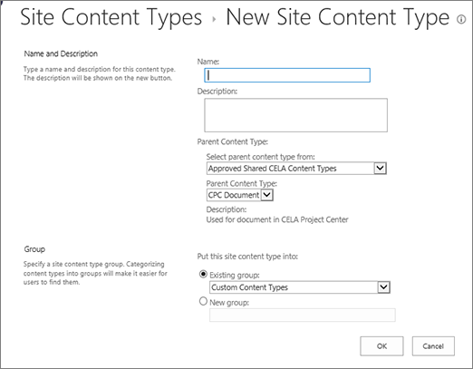 Content types creation dialog