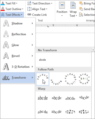 Selecting a curved transform text effect