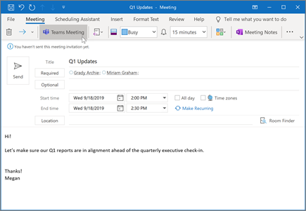 Creating a meeting in Outlook