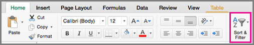 Excel for Mac Sort Filter command