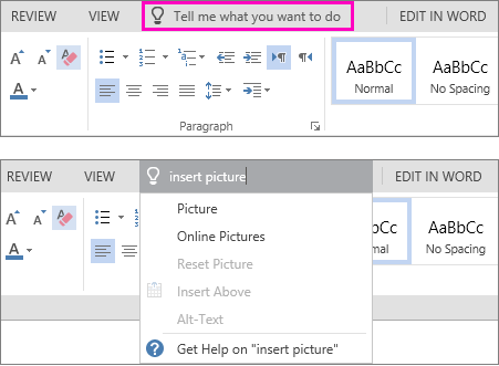 Shows the "tell me" search box on the ribbon in Word Online.