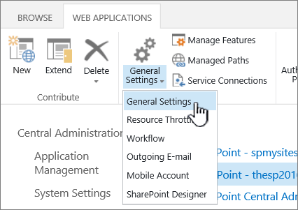 Manage section of ribbon with General settings selected