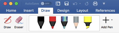 Pens and highlighters on the Draw tab in Office 365 for Mac