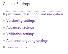 List general settings links