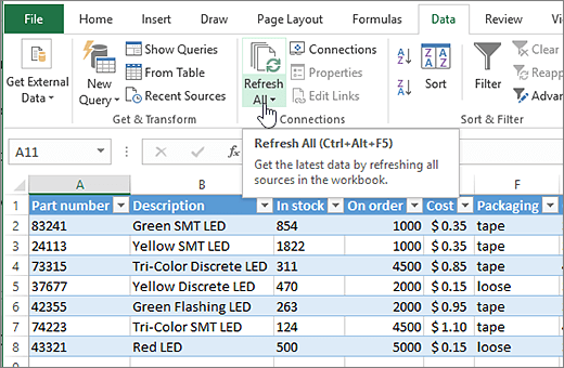 Excel spreadsheet with imported list and Refresh All button highlighted.