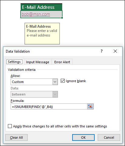 Data validation example ensuring an e-mail address contains the @ symbol