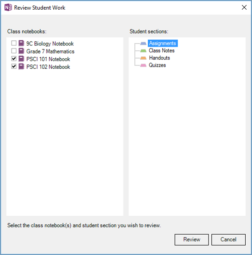 Select the Class Notebooks and notebook sections you'd like to review.