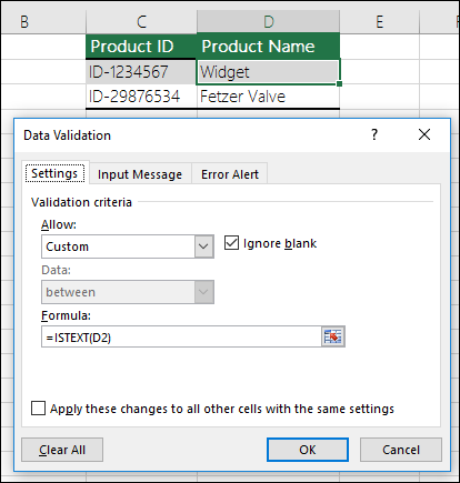 Example 2: Formulas in data validation