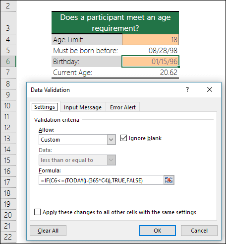 Data validation example to restrict an entry to a minimum age