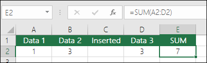 يوضح المثال أنه يتم توسيع صيغة SUM تلقائياً من ‎=SUM(A2:C2)‎ إلى ‎=SUM(A2:D2)‎ عندما تم إدراج عمود