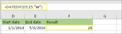 =DATEDIF(D5;E5;"m") и резултат: 28