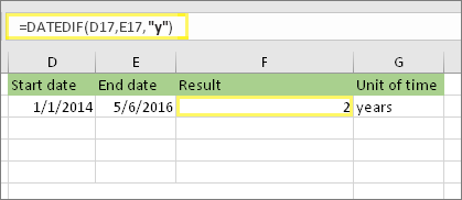 =DATEDIF(D17;E17;"y") и резултат: 2