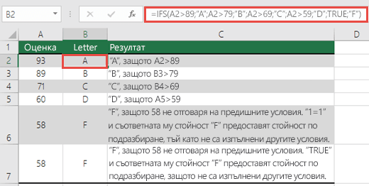 Функция IFS – примерът с оценките.  Формулата в клетка B2 е  =IFS(A2>89;"А";A2>79;"Б";A2>69;"С";A2>59;"Г";TRUE;"F")