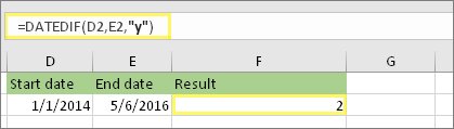 =DATEDIF(D2;E2;"y") и резултат: 2