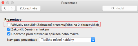 V dialogovém okně Prezentace zrušte zaškrtnutí políček Vždy spustit zobrazení prezentujícího se dvěma monitory.