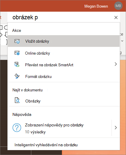 Vyhledávací pole v aplikaci PowerPoint s obrázky, které hledáte,