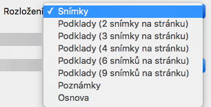 Výběr rozložení snímků v dialogovém okně Tisk