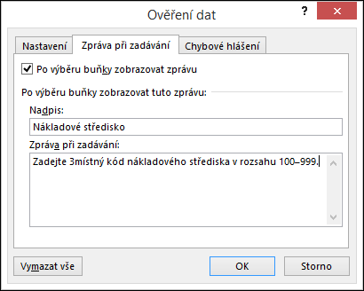 Nastavení na kartě Zpráva při zadávání v dialogovém okně Ověření dat