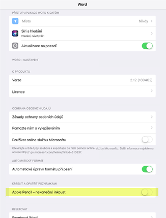 Na panelu Nastavení vypněte funkci Apple Pencil Always Draws Ink.