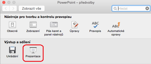V dialogovém okně Předvolby PowerPointu, pod částí Výstup a sdílení, klikněte na Prezentaci.