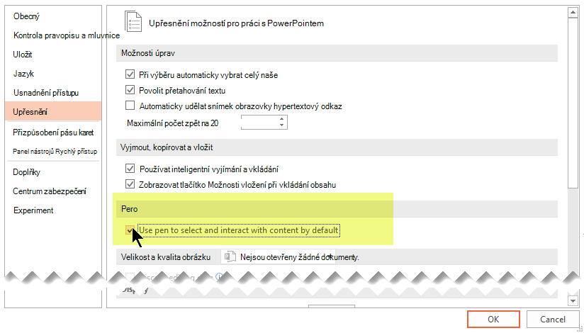 Pokud chcete ve výchozím nastavení rukopis vypnout, vyberte možnost Výchozí výběr obsahu a interakce s ním pomocí pera.