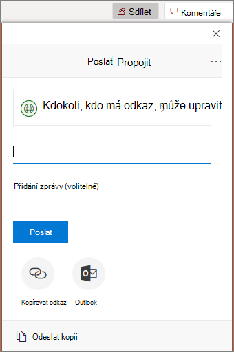 Ikona a dialogové okno sdílení v PowerPointu