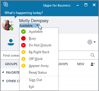 Skærmbillede af Skype for Business-vinduet med statusmenuen åben.