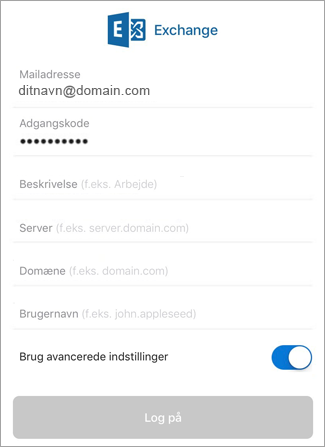 Angiv din adgangskode til Exchange