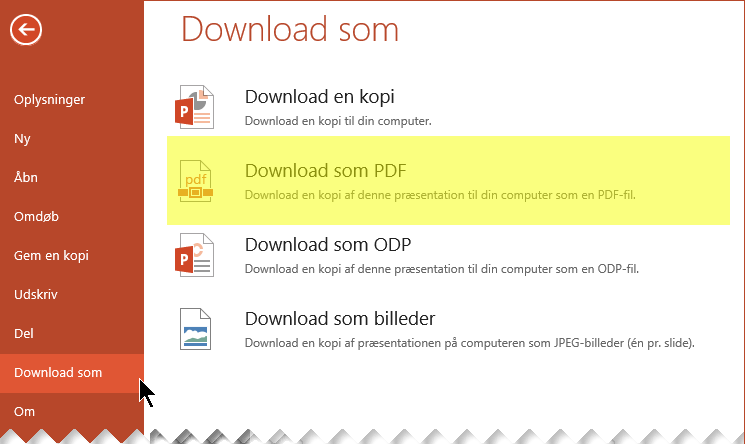 Vælg Filer > Download som > Download som PDF