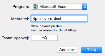 Eksempel på brugerdefineret tastaturgenvej i Office 2016 til Mac