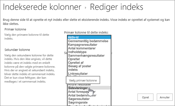 Rediger indeksside med kolonne valgt fra rullelisten