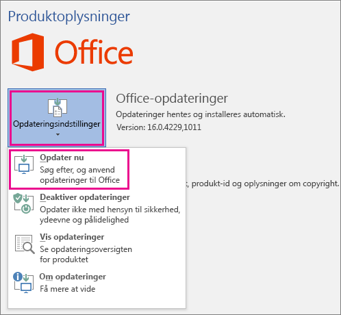 Manuel søgning efter Office-opdateringer i Word 2016
