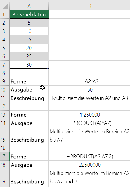 Multiplizieren von Zahlen mithilfe der PRODUCT-Funktion