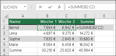 In Zelle D2 wird die AutoSumme-Formel SUMME angezeigt: =SUMME(B2:C2)